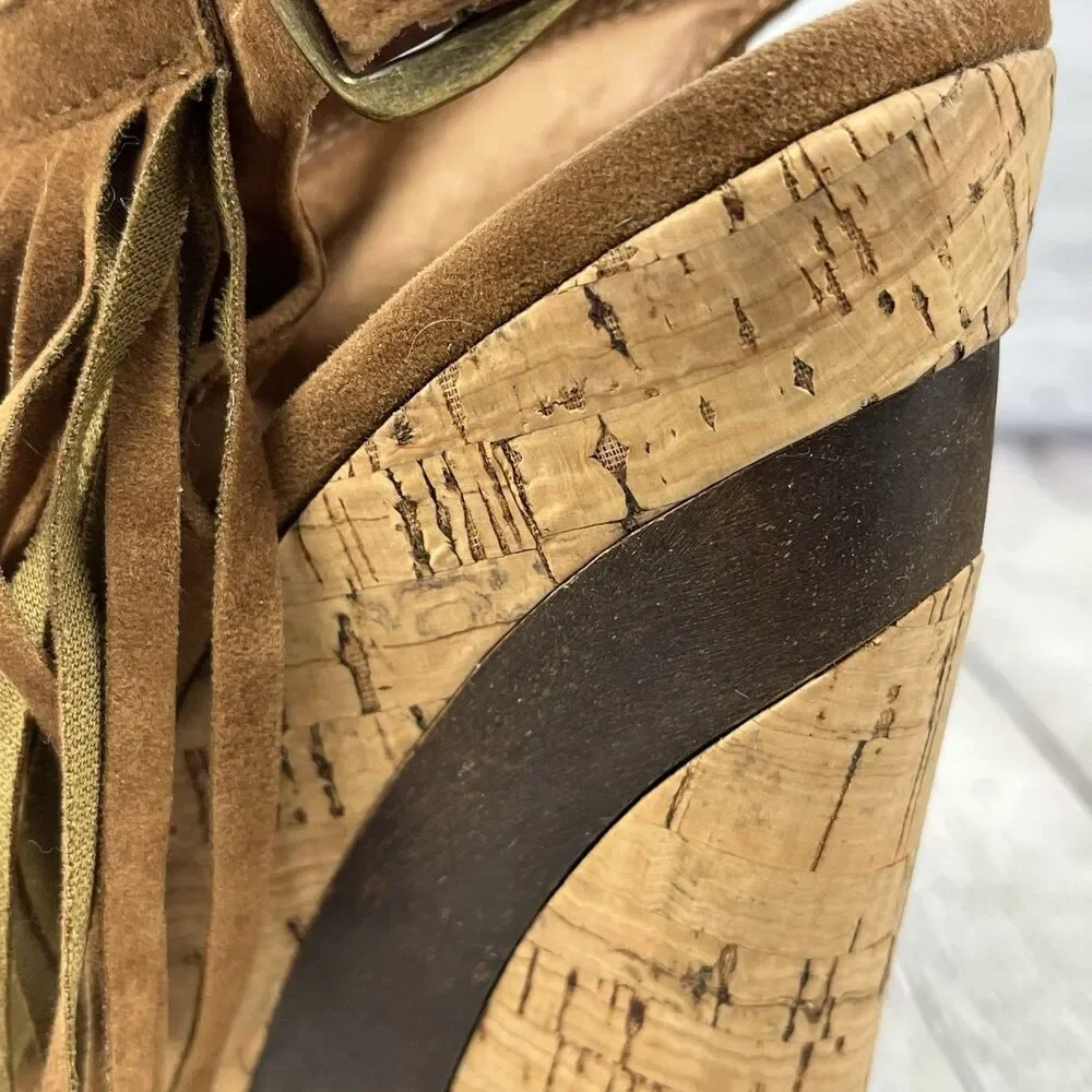 Enigma Fringe Wedge Sandal Womens Size 37 /6.5 US Brown Faux Suede Boho Hippie